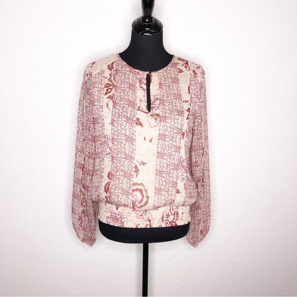 WHBM cream red gold metallic floral sheer overlay top size Small